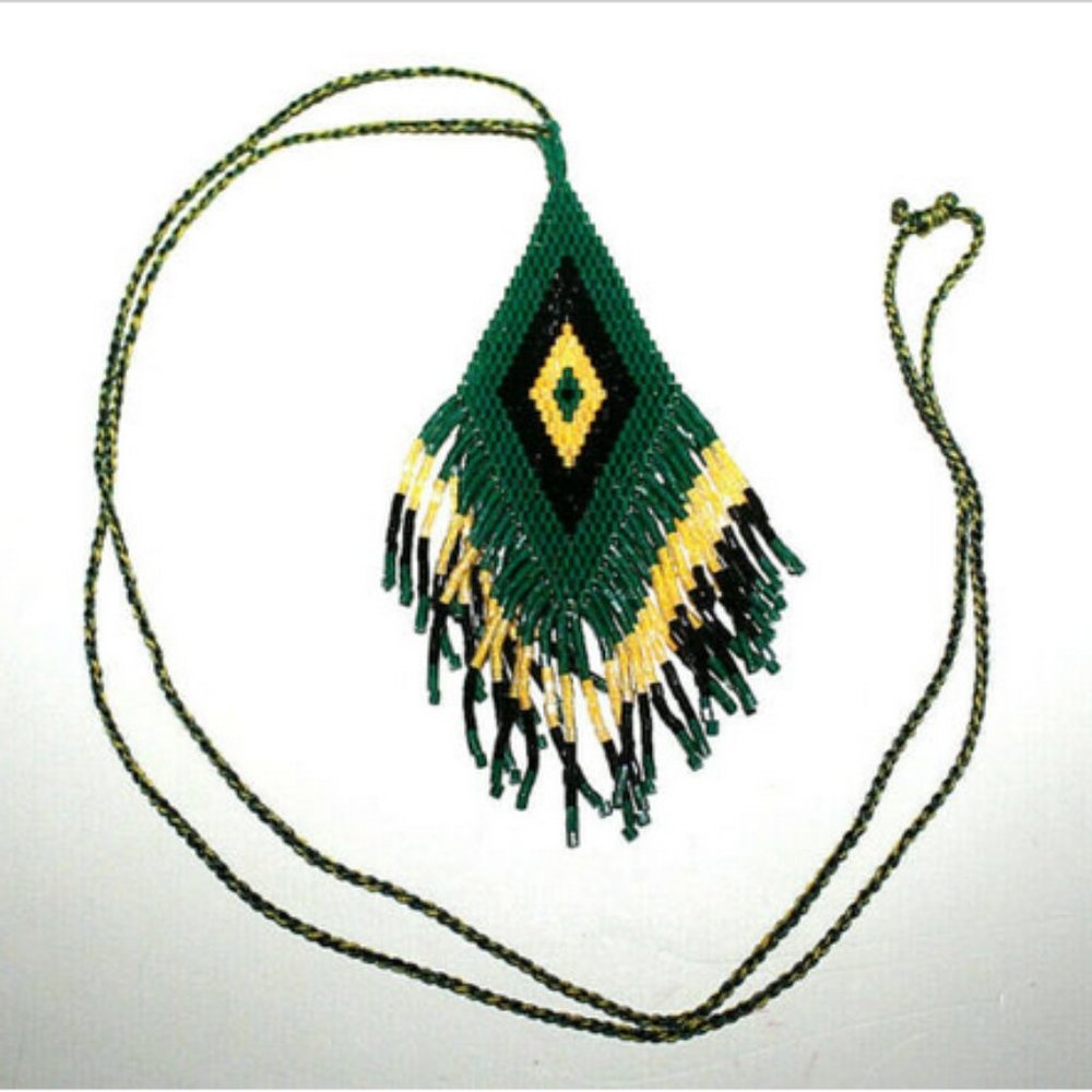 Fashion Beaded Necklace Green Yellow Fringe Boho